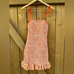 SHEIN Orange Checkered Mini Dress Ruffle Picnic Beach Summer Cowgirl 🍑
